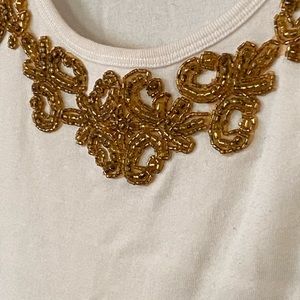 Gold Beaded White Tank Classy PERFECT Under Jacket or Summer shorts dress NWOT